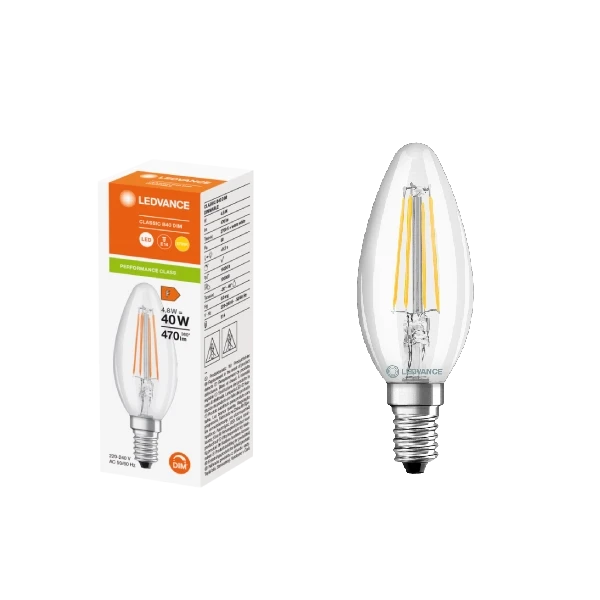 Лампа светодиодная филаментная 4.8W/2700K (=40W) E14 DIM | PERFORMANCE CLASS | Свеча | - LEDVANCE