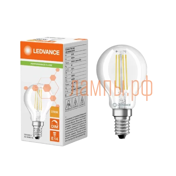 Лампа светодиодная филаментная 4.8W/2700K (=40W) E14 DIM | Шарик | PERFORMANCE CLASS | - LEDVANCE