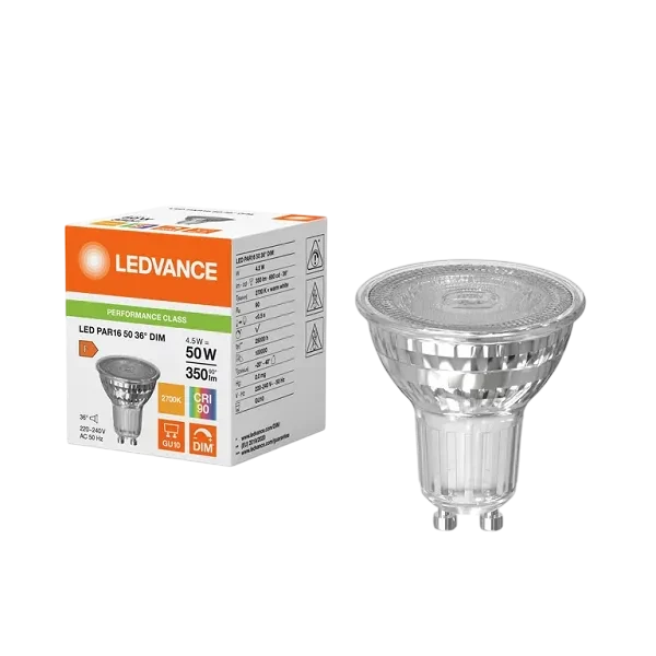 Лампа светодиодная 4.5W/927 (=50W) DIM 36° GU10 230V 350Lm | PERFORMANCE CLASS 5Y | - LEDVANCE
