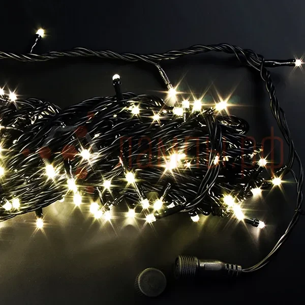 Гирлянда | Нить 20м | БЕЛЫЙ ТЁПЛЫЙ | Динамика(2 канала 8 режимов) 220V IP54 | Чёрный провод | - RICH LED