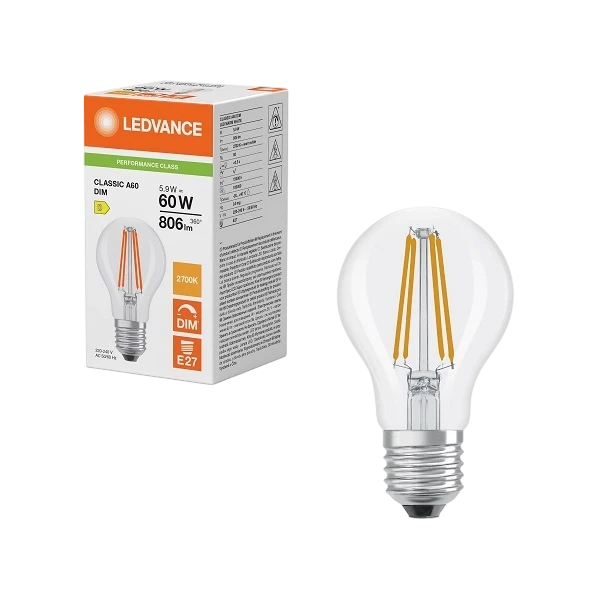 Лампа светодиодная филаментная 5.9W/2700K (=60W) E27 DIM | PERFORMANCE CLASS | Груша | - LEDVANCE